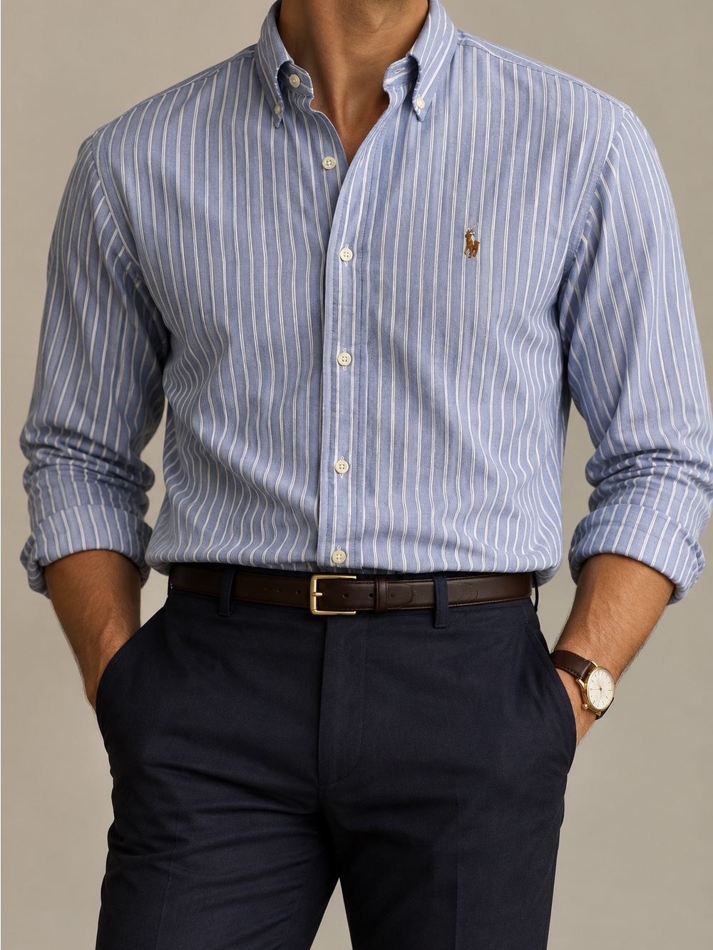 Ralph Lauren Light Blue and White Striped Button-Down Shirt